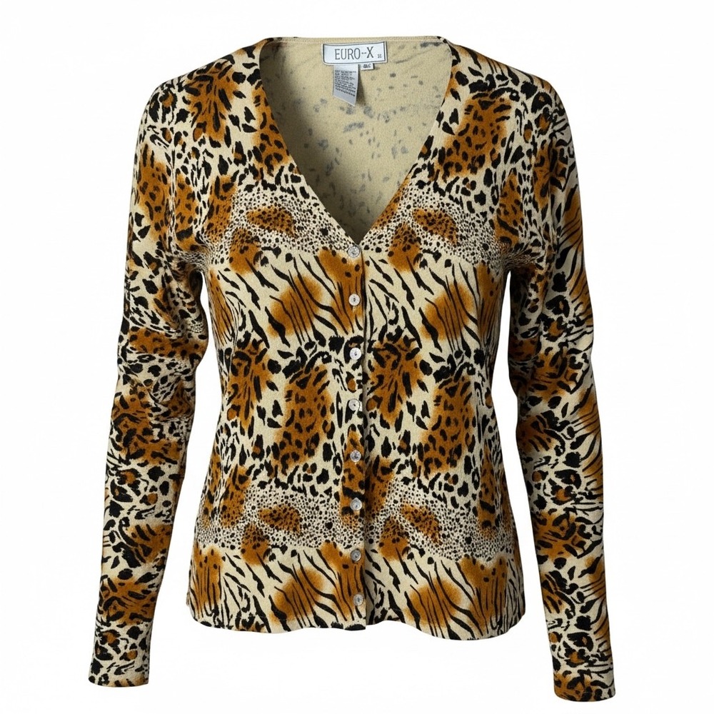 Euro-X Womens Silk Blend Animal Print Button Cardigan Tan Black L